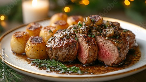 Sliced Filet Mignon with Garlic and Roasted Potatoes