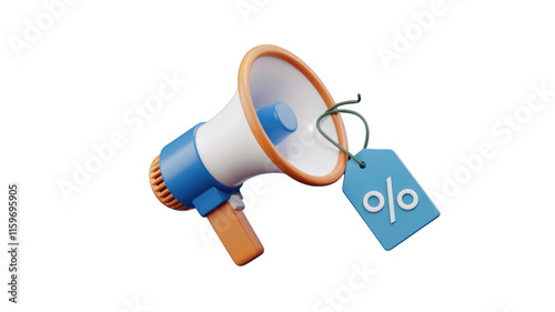 3D rendering of a megaphone with a percentage sign tag, announcing a sale or discount. background removed