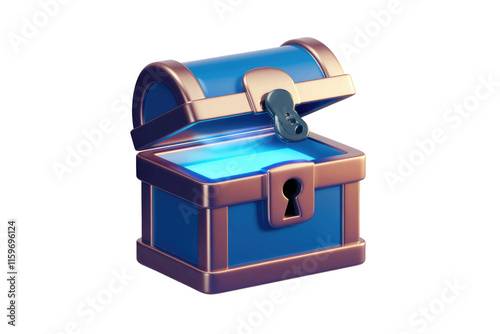 A glowing blue treasure chest, open to reveal its contents, 3D rendered. background removed