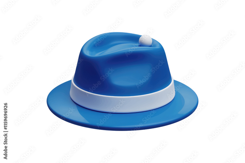 A vibrant blue fedora with a white band and a small white sphere on top. background removed A vibrant blue fedora with a white band and a small white sphere on top. background removed