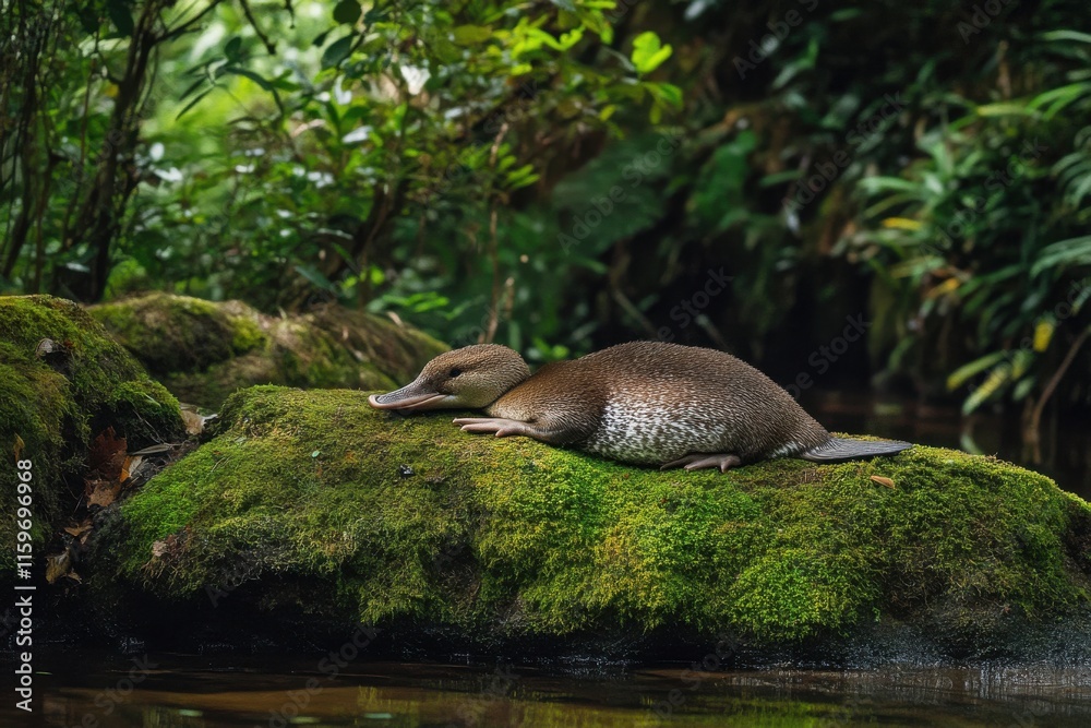 Fototapeta premium Tranquil platypus on mossy riverbank with soft light