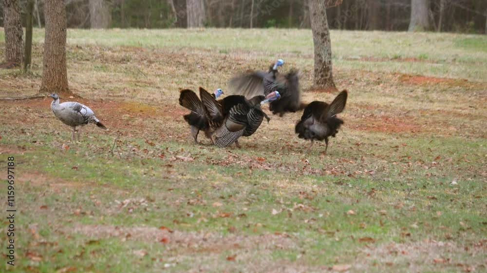 Beautiful, male wild turkeys displaying their feathers to hens in the hope of attracting a mate chase a competiting male wild turkey away.