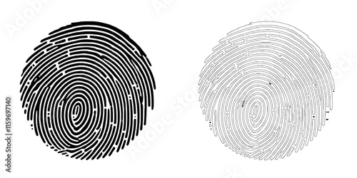 Fingerprint Identity Set: Two stylized fingerprint illustrations, one black and one grayscale, offering a unique visual representation of identity and security.