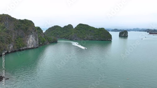 Drone Footage of Beautiful Islands in Halong Bay, Vietnam photo