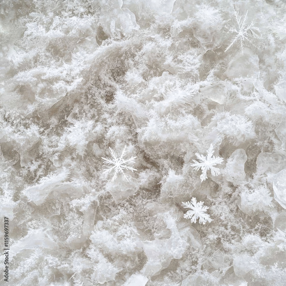 A snowy landscape with three snowflakes scattered throughout