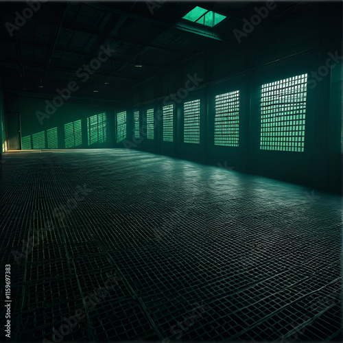 A dimly lit, industrial space featuring metal grates and shadows, enhancing the eerie atmosphere with a greenish hue. photo