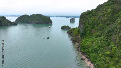 Drone Footage of Beautiful Islands in Halong Bay, Vietnam photo