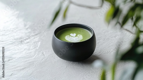 Matcha latte in a black bowl with latte art, surrounded by soft greenery on a textured white surface photo