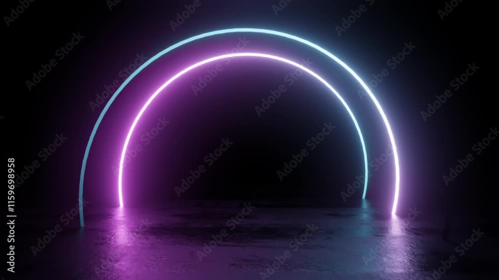 Futuristic Neon Arcs in Dark Space 3d looping render animation
