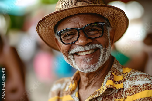 Portrait of smiling senior brazilian man wearing hat and glasses enjoying local culture