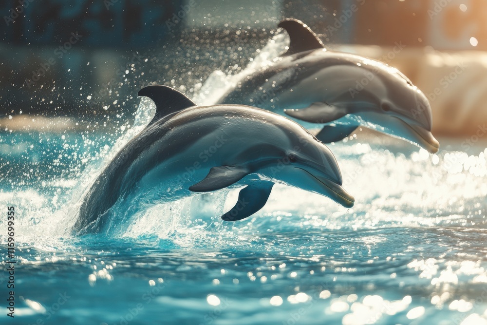 Fototapeta premium Vibrant image of leaping dolphins in clear ocean water