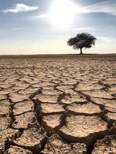 Cracked dry lakebed basks under the intense sun with a solitary tree standing resilient in the background. Generative AI photo