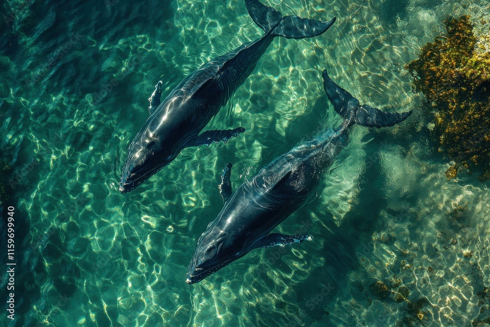 Humpback whale mother and calf in serene underwater scene Humpback whale mother and calf in serene underwater scene