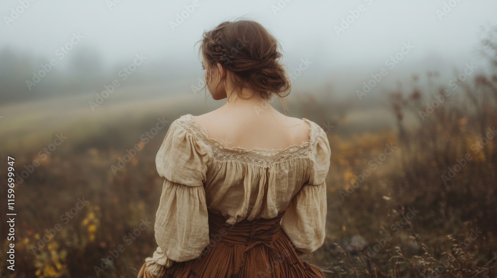 Obraz premium Woman in Rustic Dress Gazes at Misty Landscape