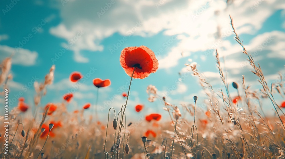 Obraz premium A vibrant field of red poppies swaying gently under a bright blue sky, illuminated by soft sunlight.