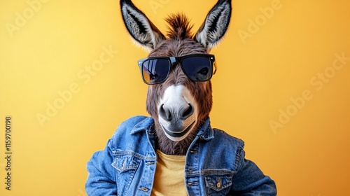 A fun donkey wearing sunglasses and a denim jacket against a vibrant yellow background.