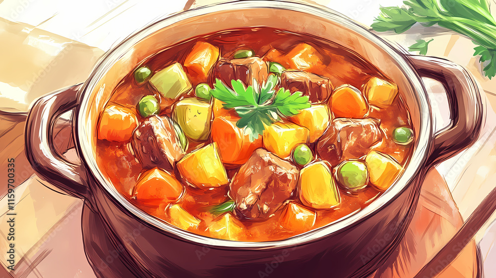 Hearty beef stew with vegetables. Gossamered. Illustration