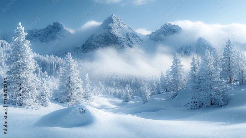 Obraz premium Snowy Mountain Peaks and Frosty Winter Trees