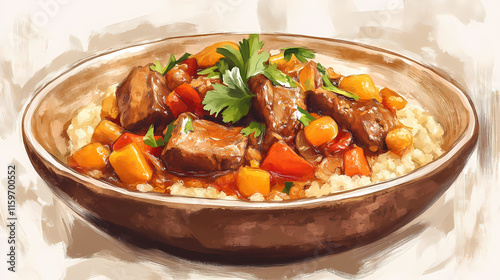 Hearty moroccan-style lamb and couscous stew. Gossamered. Illustration photo