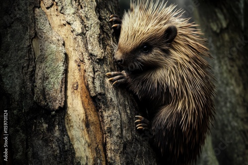 Porcupine climbing tree trunk with dramatic lighting and textures photo