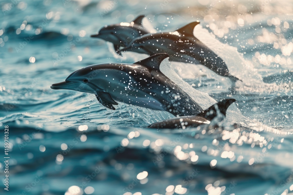 Obraz premium Dolphins playing in the ocean sunlight with a splashing water effect.