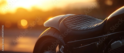 Close-up of a custom motorcycle seat at sunset.