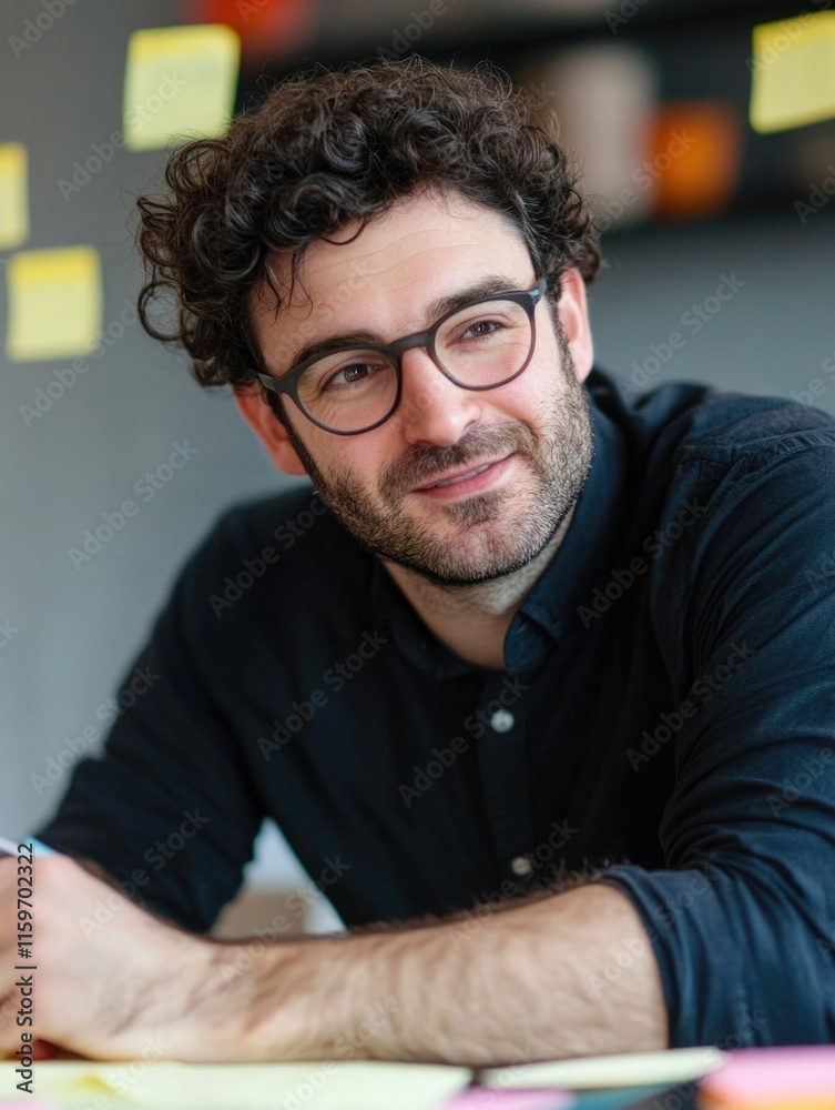Fototapeta premium Man with Glasses Smiling at Paper