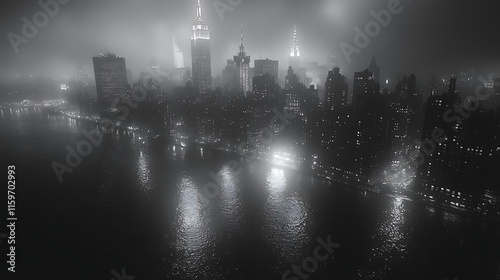 Foggy skyline shines brightly at night with reflections on tranquil water pictures photo