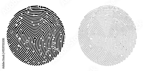 Fingerprint Identity Set:  A high-resolution graphic featuring two distinct fingerprint designs, one in black and the other in white, perfect for security, identification, or biometric concepts.