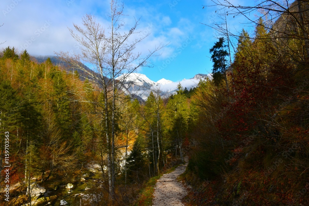 Fototapeta premium Trail at Korita Mostnice and snow covered peak of Tošc and Draški Vrh in Gorenjska, Slovenia