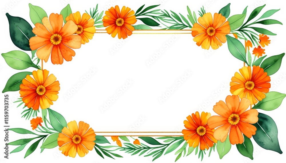 Fototapeta premium Floral orange frame with greenery for invitations and stationery design