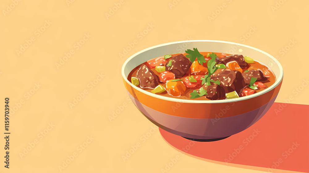 Hearty beef stew served in a bowl on an orange background. Gossamered. Illustration Hearty beef stew served in a bowl on an orange background. Gossamered. Illustration