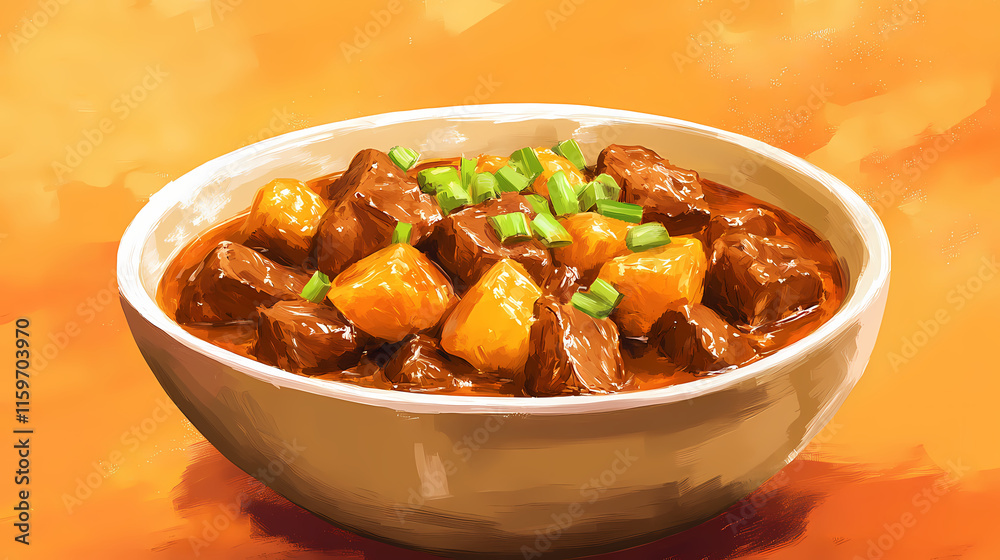 Hearty beef stew served in a bowl on an orange background. Gossamered. Illustration Hearty beef stew served in a bowl on an orange background. Gossamered. Illustration