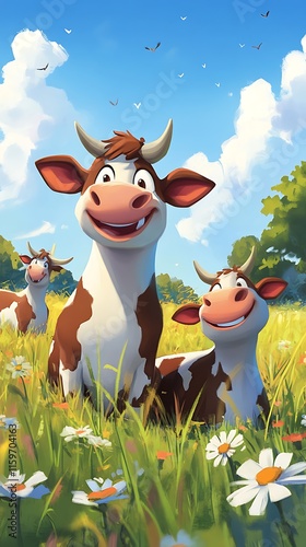 A cheerful scene of cartoon cows in a sunny meadow filled with flowers.