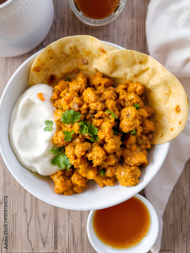 Homemade Kothu Parotta/ Paratha or Stir Fried Leftover Chapati Masala or  fodnichi poli in marathi, served in a bowl or plate with curd and hot tea. Selective focus photo