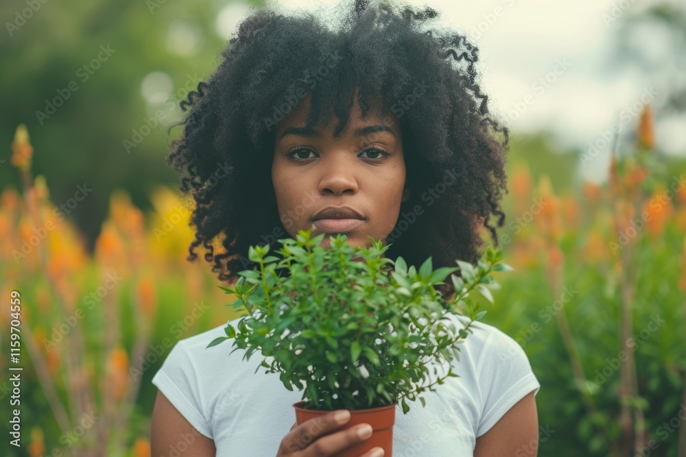 Woman holding plant, symbolizing growth in urban environment. Woman holding plant, symbolizing growth in urban environment.