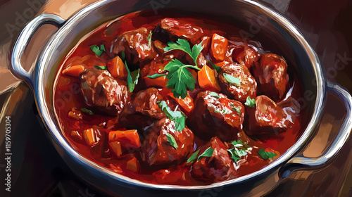 Beef caldereta simmered to perfection in a bold red sauce , homestyle cooking, rich flavor, traditional dish. Gossamered. Illustration