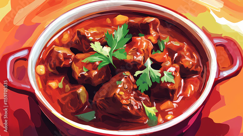 Beef caldereta simmered to perfection in a bold red sauce , homestyle cooking, rich flavor, traditional dish. Gossamered. Illustration