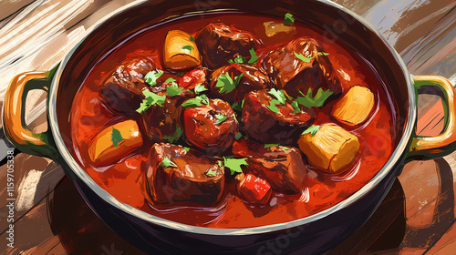 Beef caldereta simmered to perfection in a bold red sauce , homestyle cooking, rich flavor, traditional dish. Gossamered. Illustration