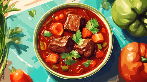 Beef caldereta simmered to perfection in a bold red sauce , homestyle cooking, rich flavor, traditional dish. Gossamered. Illustration