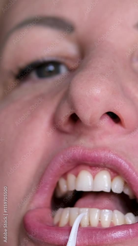 use a toothpick dentist doctor hand in purple glow flowing showing how its correct to clean teeth dental care daily hygiene smiling girl woman natural white teeth.plastic toothpick home