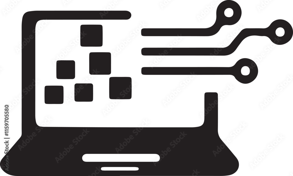 Illustration of a laptop screen icon connected to a network silhouette Illustration of a laptop screen icon connected to a network silhouette