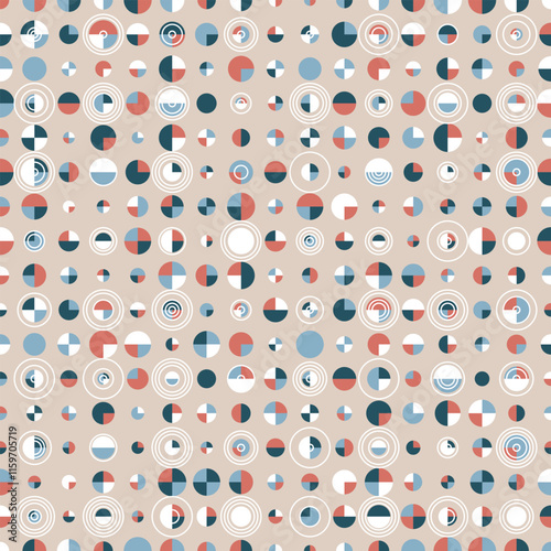 Cute Polka-Dot seamless vector pattern on light beige background. Geometric texture with tiled circles and semicircles. Great for fashion fabrics, home decor, wallpaper and packaging.