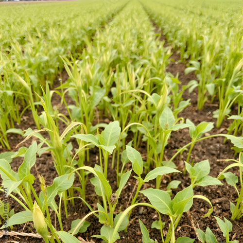 A field with visibly poor plant growth due to lack of soil nutrients photo