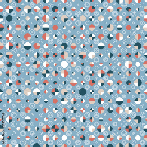 Cute Polka-Dot seamless vector pattern on light blue background. Geometric texture with tiled circles and semicircles. Great for fashion fabrics, home decor, wallpaper and packaging.