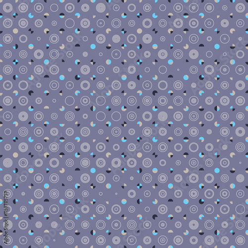 Elegant Polka-Dot seamless vector pattern on violet background. Geometric texture with tiled circles and semicircles. Great for fashion fabrics, home decor, wallpaper and packaging.