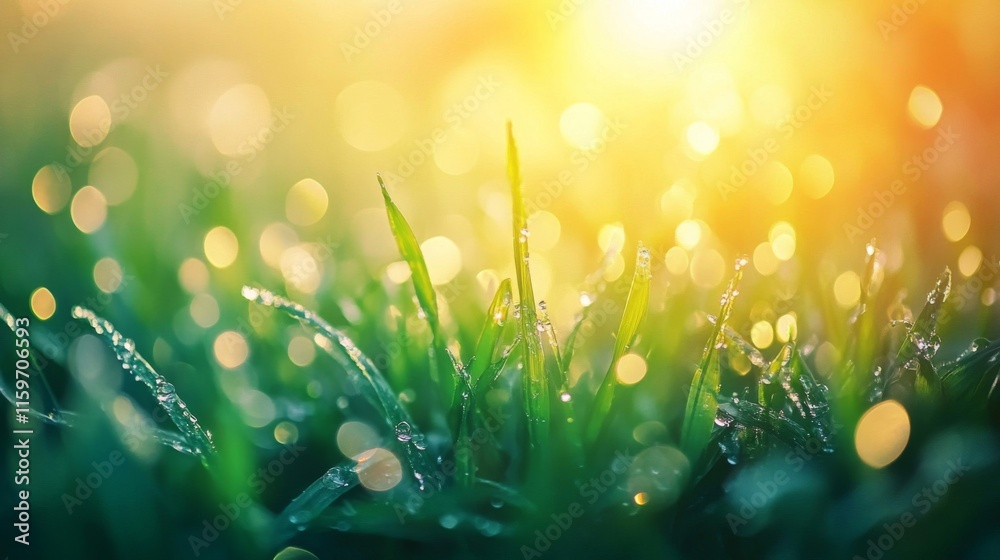 Obraz premium Dewdrops glistening on vibrant green grass bathed in sunlight
