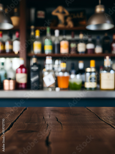 a close up of a rustic empty wooden table with blurred bar with dinks and cokctails background photo