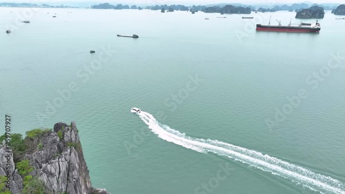 Drone Footage of Beautiful Islands in Halong Bay, Vietnam photo