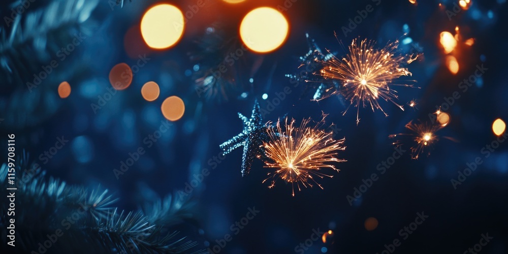 Fototapeta premium A festive scene featuring fireworks over a Christmas tree at night, highlighting the celebratory atmosphere of the holiday season.